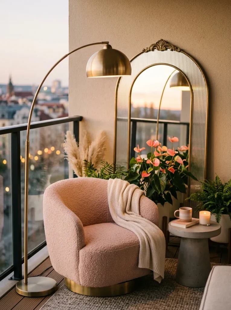 "Blush bouclé chair and brushed gold mirror on a small balcony corner"