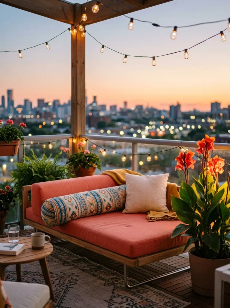 "Coral canvas fold-flat daybed on a narrow apartment balcony"