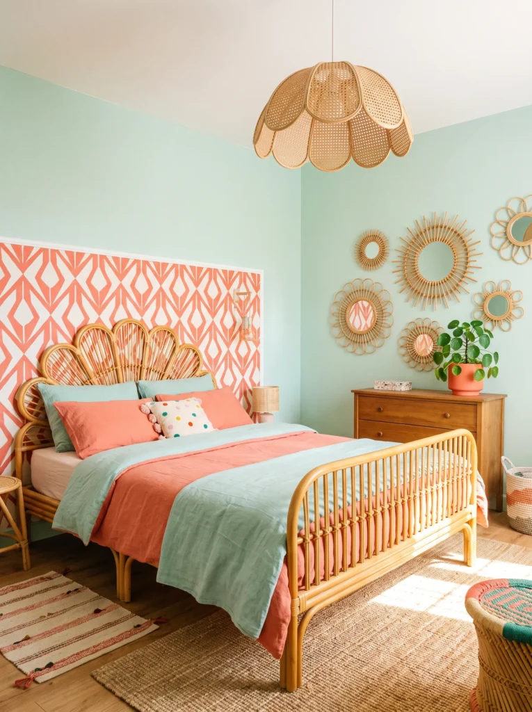 Mint bedroom with bold coral geometric wallpaper on the headboard wall