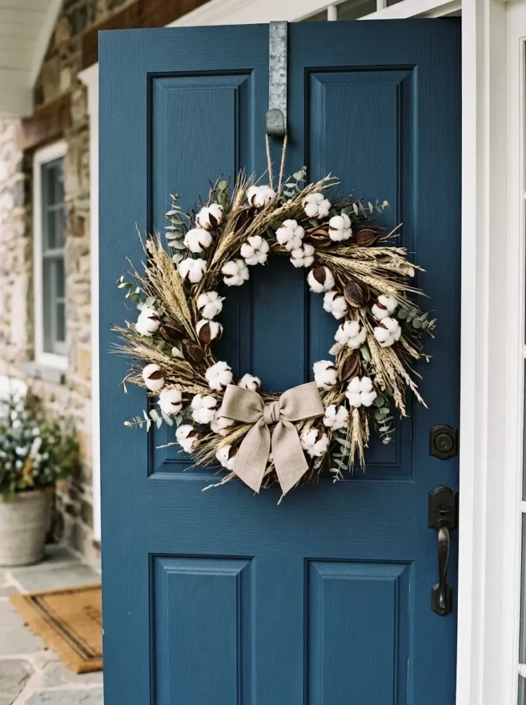 Natural cotton boll winter wreath with dried wheat on a denim-blue front door.
