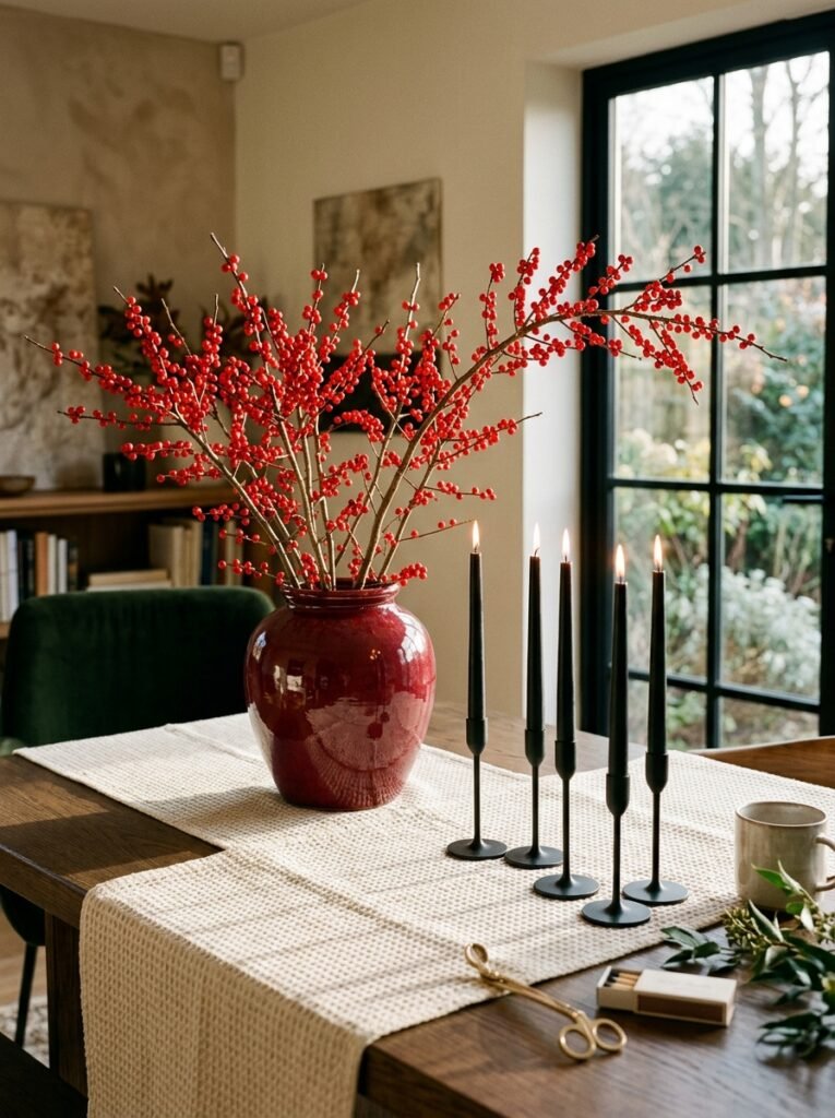  Glossy cranberry ceramic urn with winterberry branches and black taper candles on waffle linen