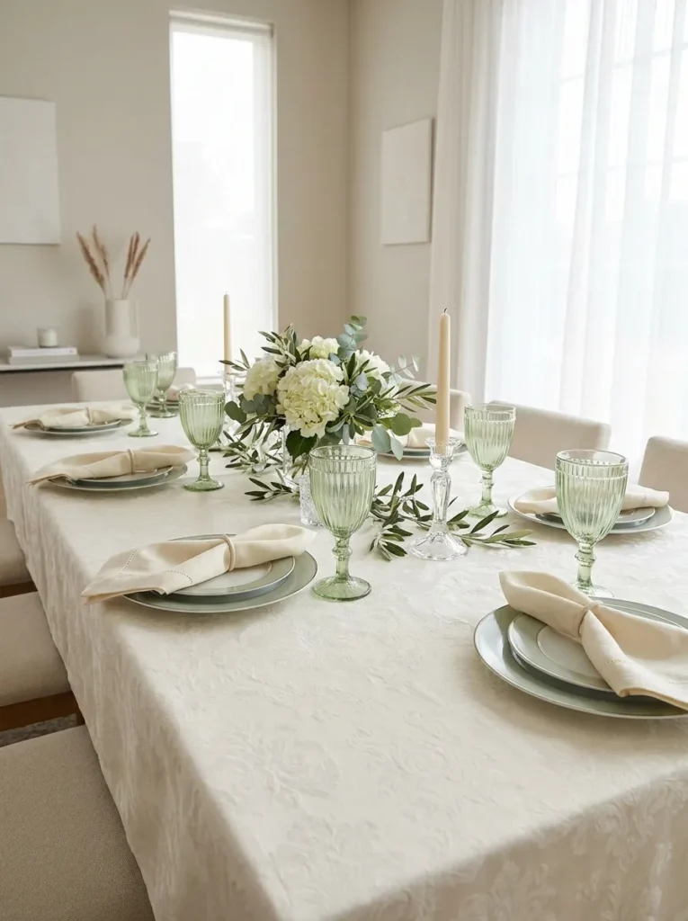  Ivory damask table with sage-rimmed porcelain plates and bishop's sleeve napkin folds
