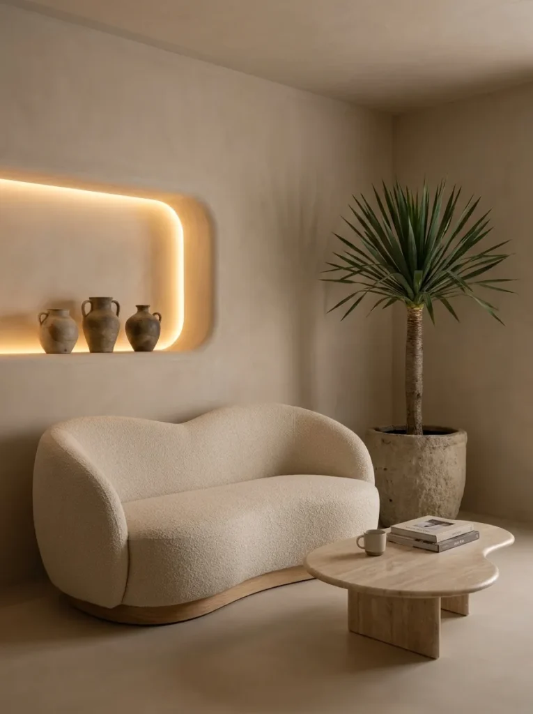 Curved petal-shaped sofa against smooth adobe-clay walls with a rounded plaster niche