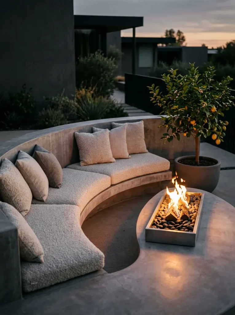 "Curved concrete daybed with inset fire trough on a patio"