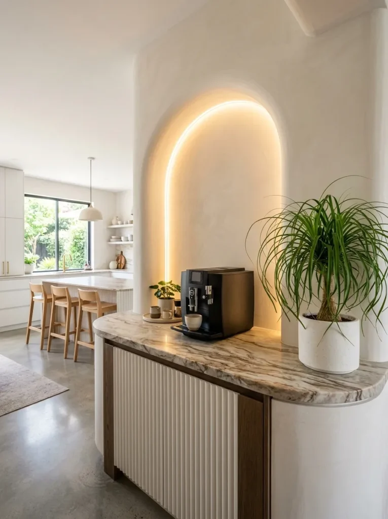 Curved plaster coffee nook with quartzite counter and a bean-to-cup machine