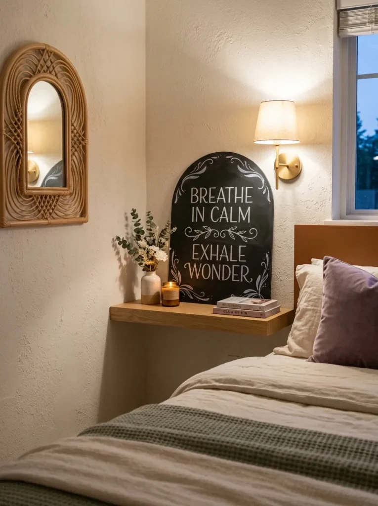  Arched chalkboard with pearl-white and lilac frost strokes on a floating bedroom shelf