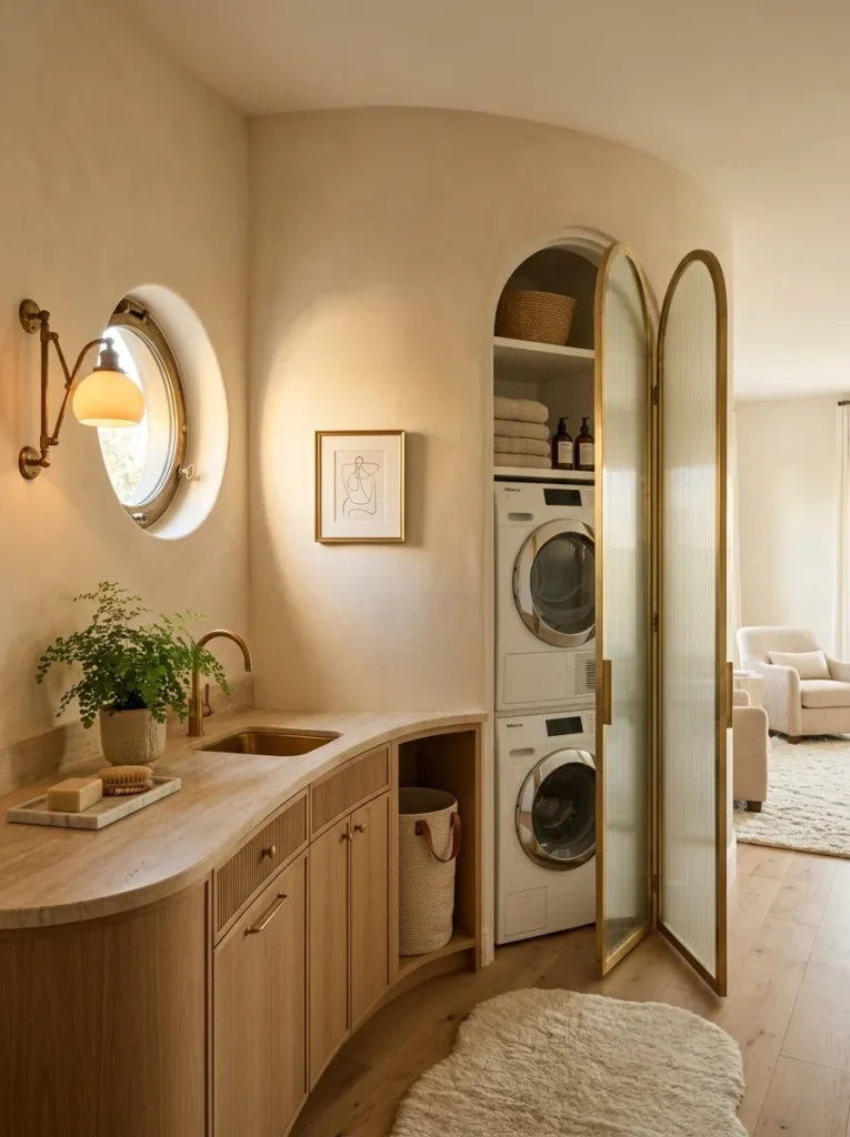  Curved alabaster primary suite laundry closet with an arched mirror door