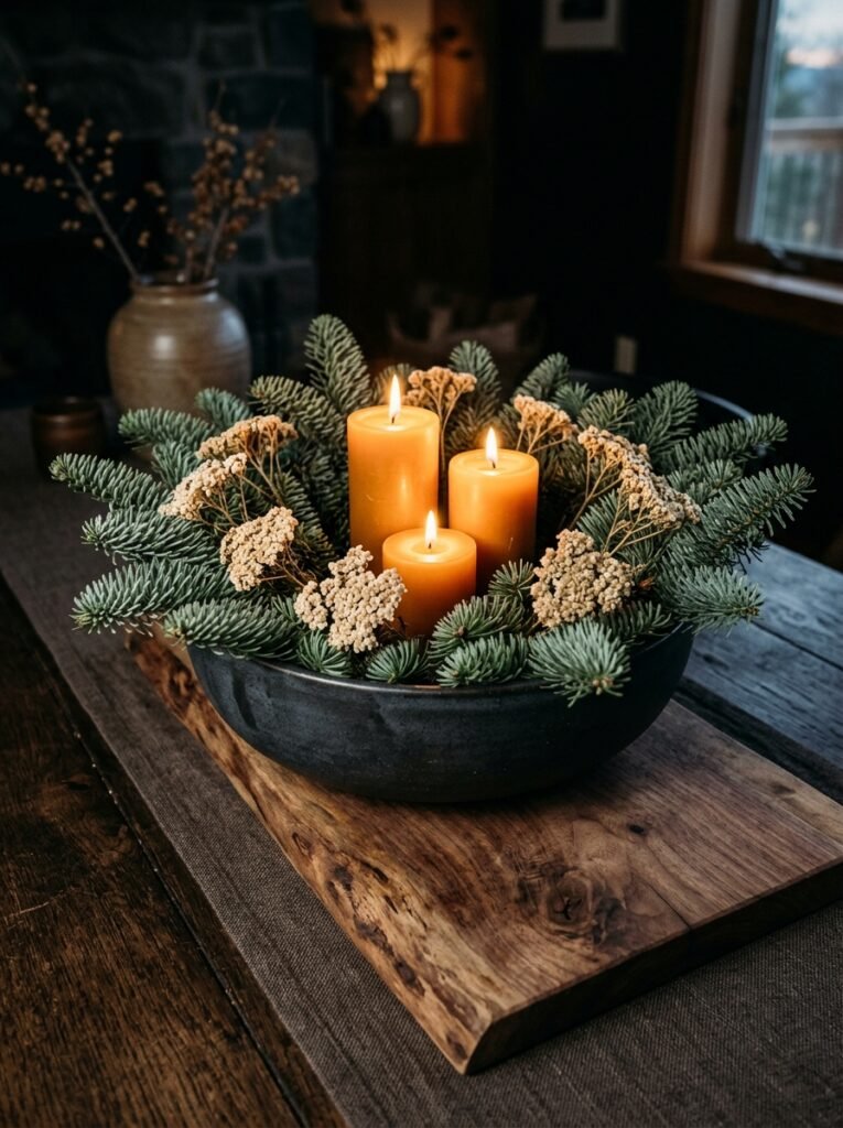 Charcoal stoneware bowl overflowing with noble fir and amber candles on a raw walnut board
