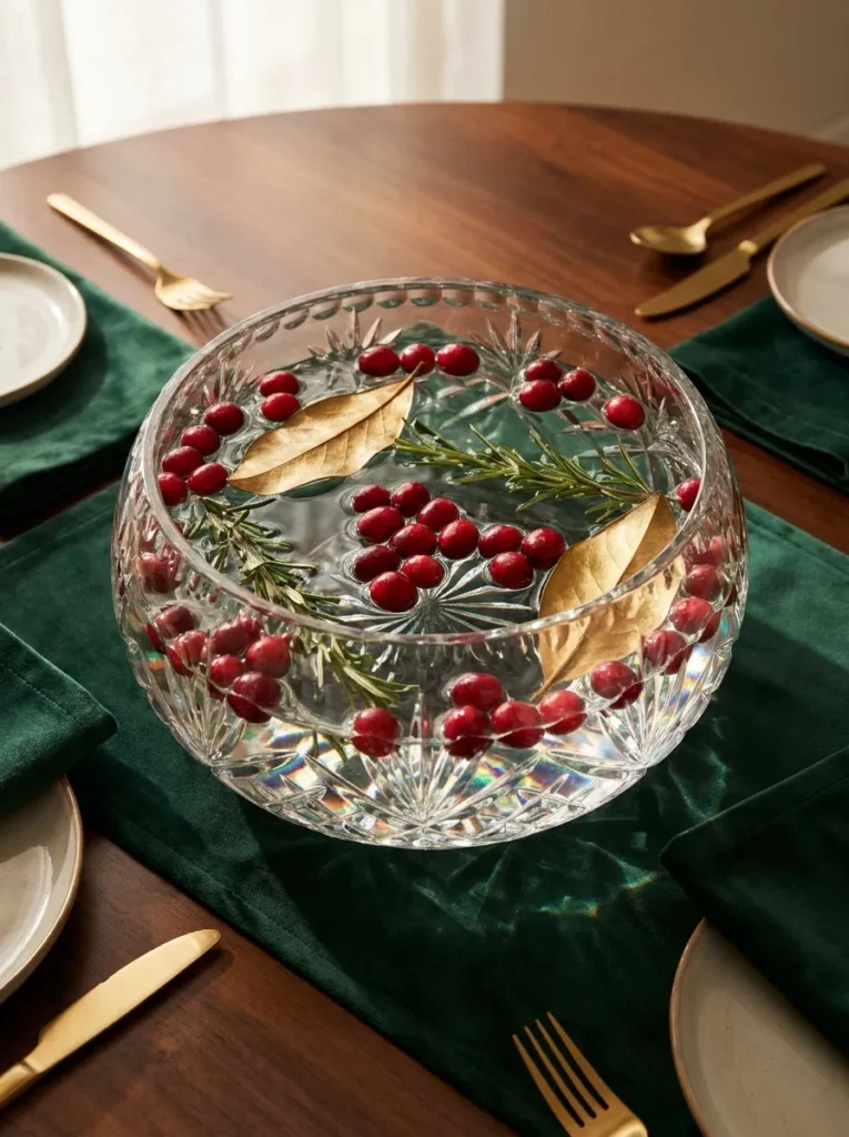 Vintage cut-crystal bowl with floating cranberries, rosemary, and gold-dipped magnolia leaves