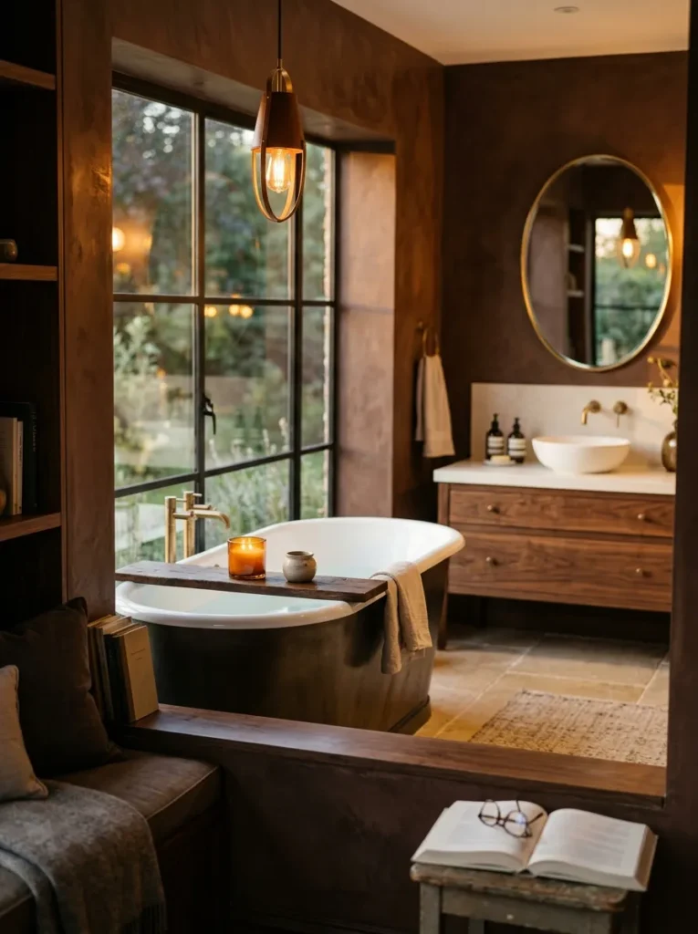 Sunken reading nook beside a freestanding tub with a candle-lit ledge and chocolate plaster walls