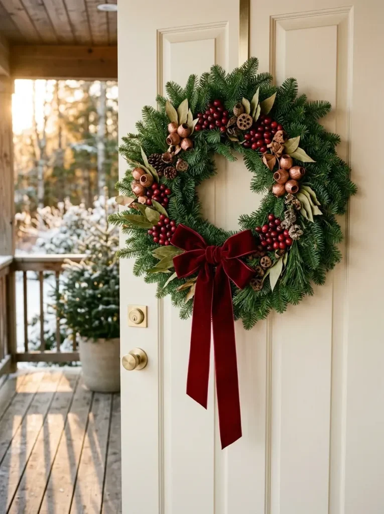 Fraser fir winter wreath with cranberry clusters and copper eucalyptus on a cream front door.