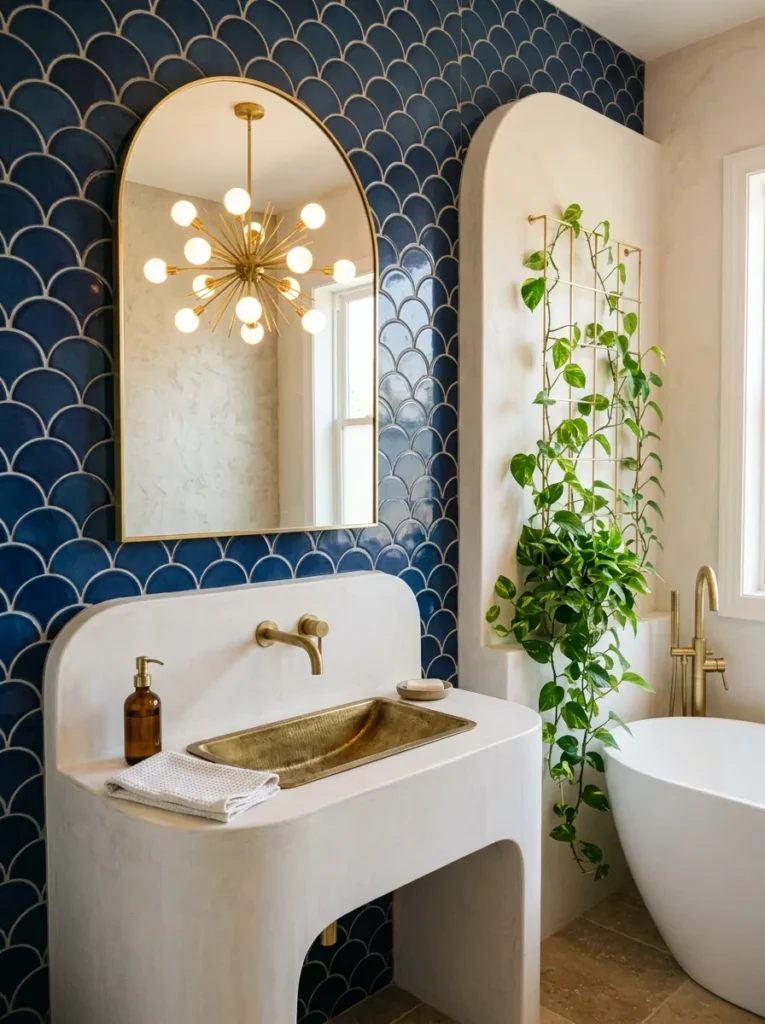 Deep indigo scalloped tile wall with a curved plaster vanity console and brass trough sink