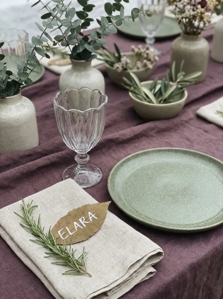  Plum linen table with sage stoneware plates and pressed leaf place cards
