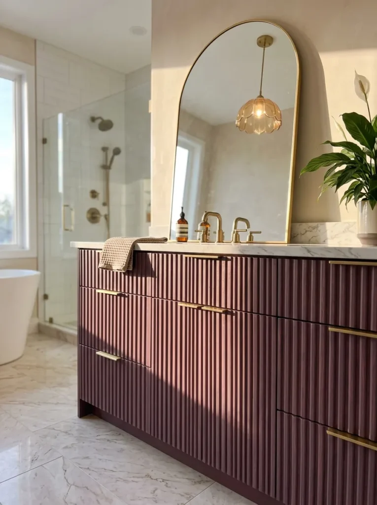 Fluted plum-lacquered vanity cabinetry with brushed brass pulls and a scalloped amber pendant