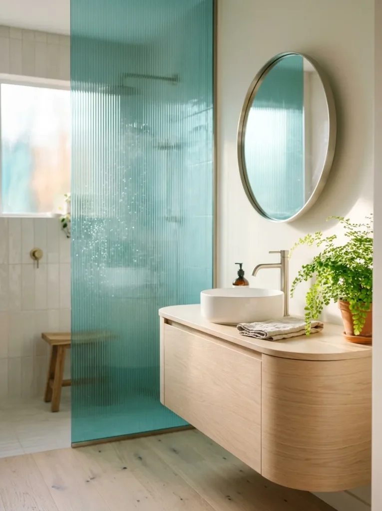 Ribbed teal glass shower panels diffusing soft light beside a curved white oak vanity