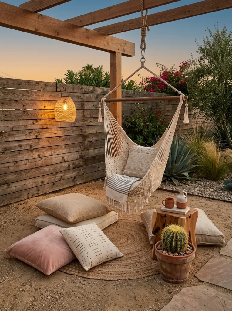 "Woven hammock chair desert-style patio nook with barrel cactus"