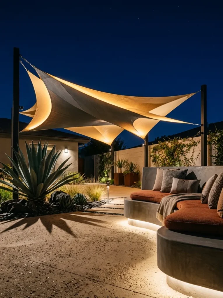"Charcoal shade sails over desert patio bench"