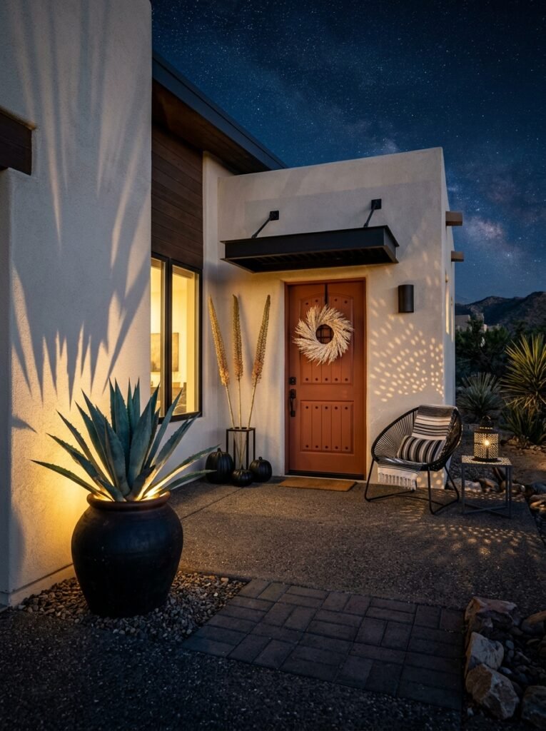Uplit agave casting spiky shadows beside a terracotta door"