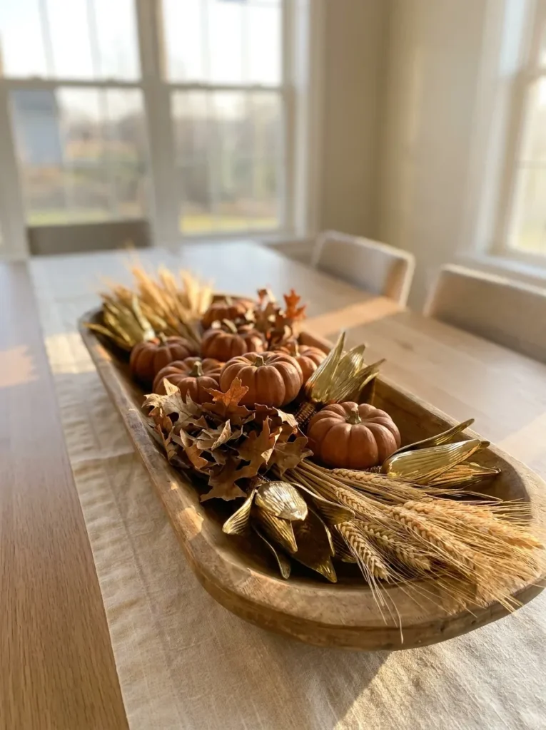 Long wooden dough bowl with mini pumpkins, oak leaves, and brass corn husk ornaments