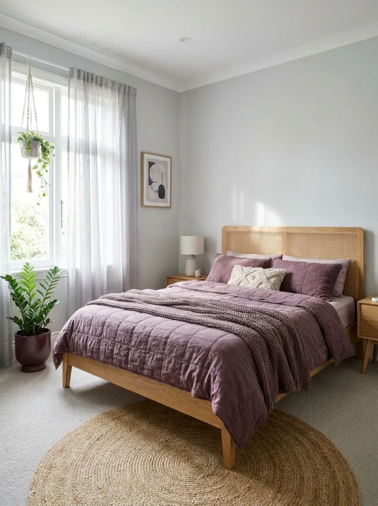 Dove-gray bedroom with a cane-back oak bed and dusty-plum quilted bedding