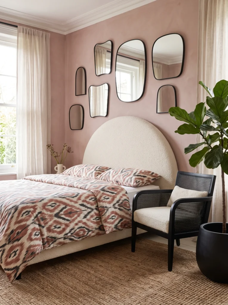 Dusty rose bedroom with a curved black-framed mirror gallery and bouclé headboard