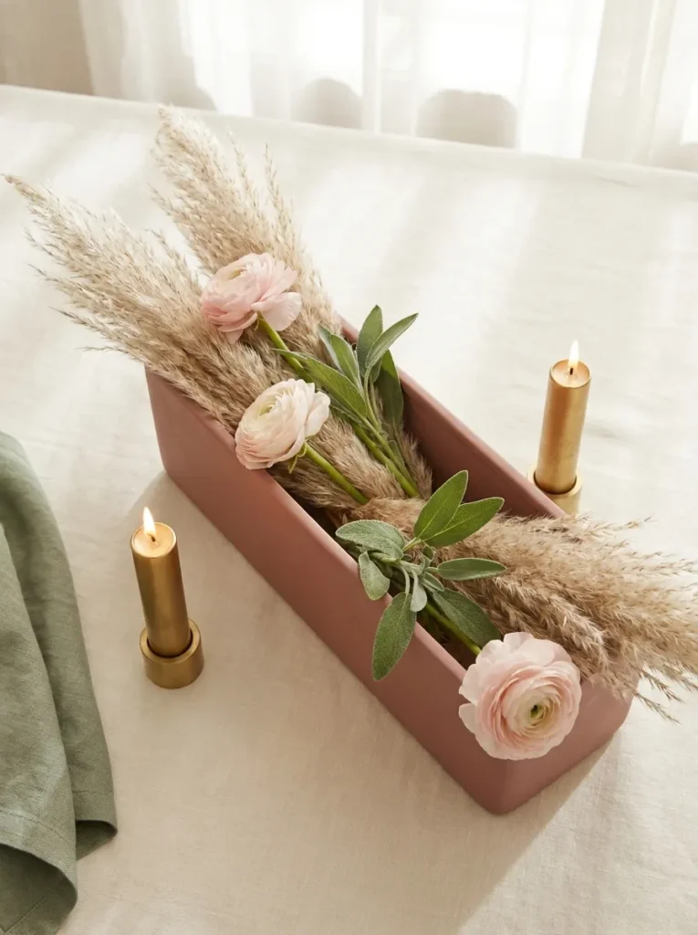 Matte dusty rose ceramic trough with pampas plumes and blush ranunculus