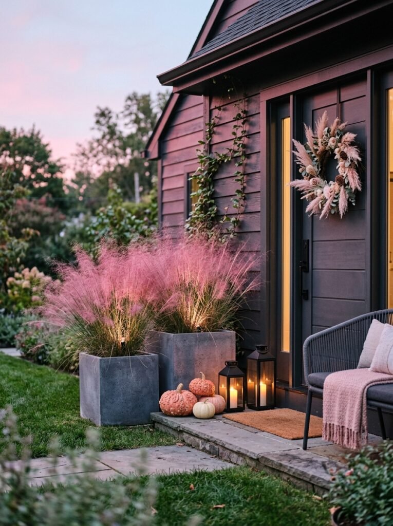 "Pink muhly grass backlit beside a smoke-gray porch door"