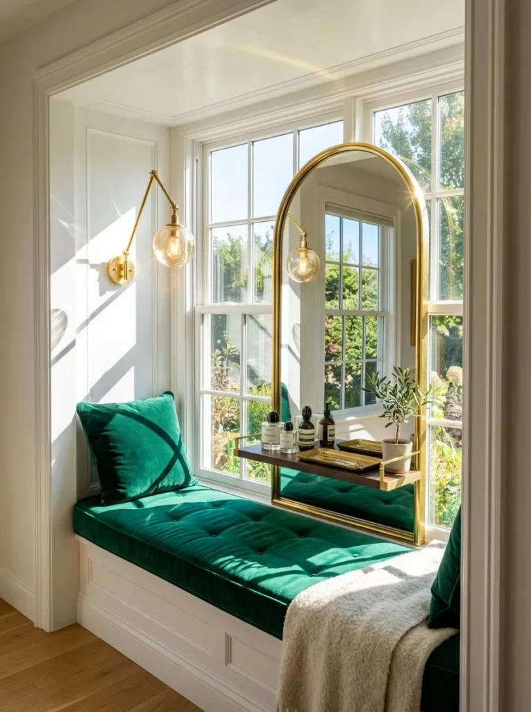 Emerald velvet window-seat vanity with a brass swing-arm sconce and arched mirror