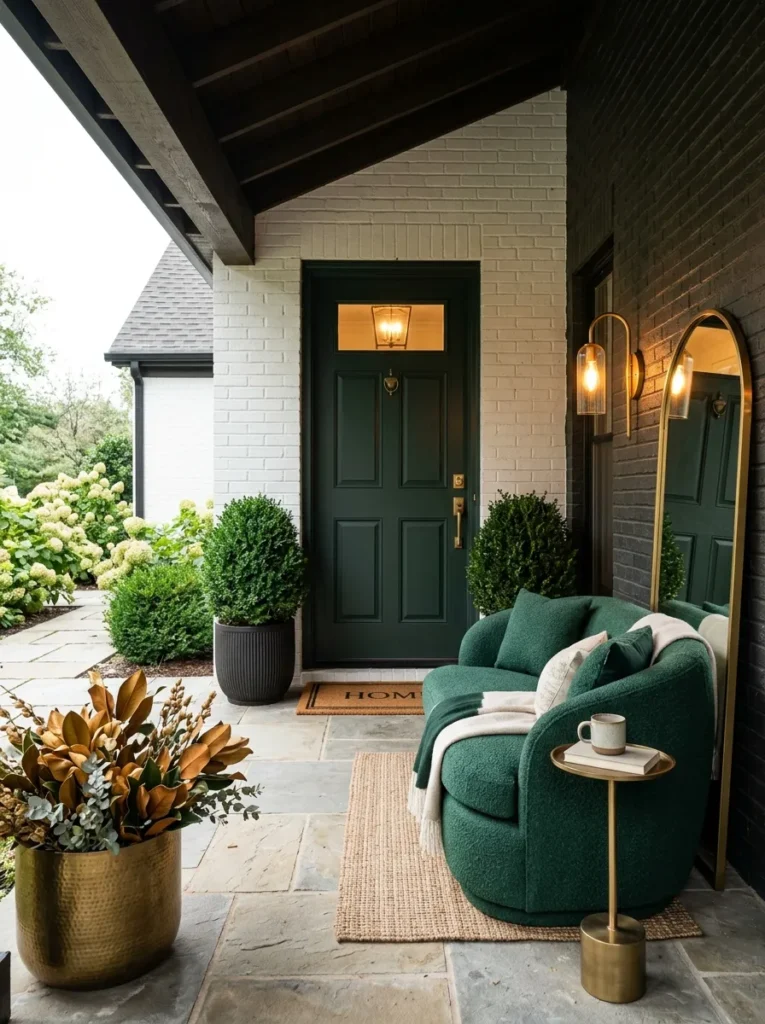  Curved emerald boucle loveseat beside an arched leaning mirror and brass sconce