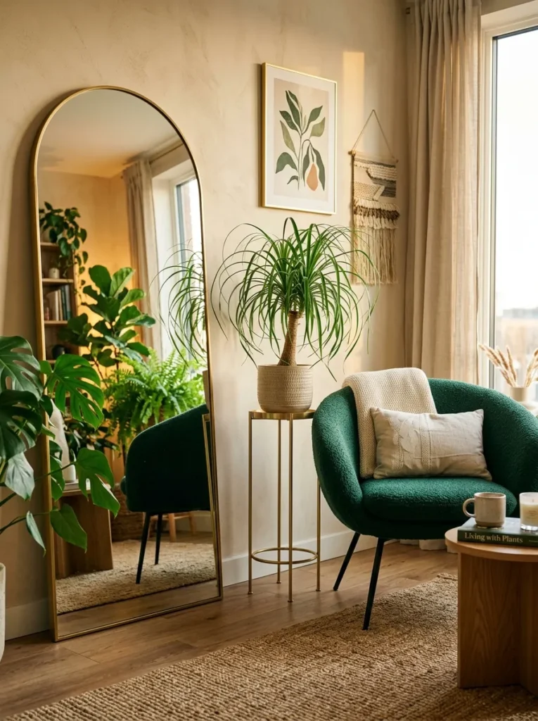 "Emerald bouclé chair and brass mirror on a small balcony reading nook"