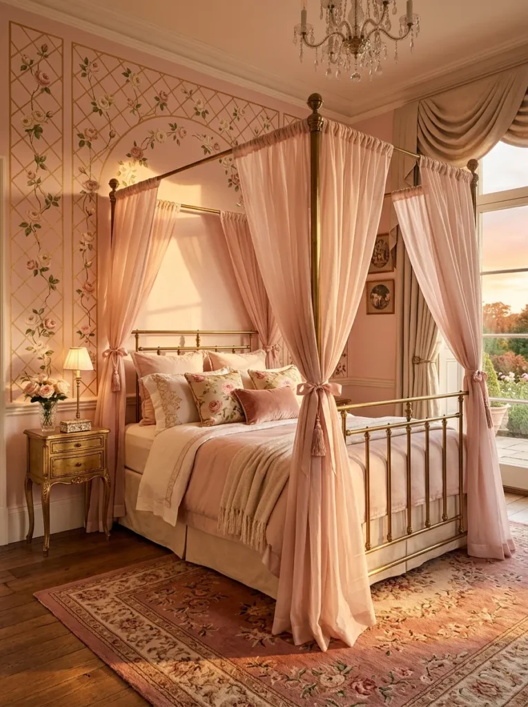"Brass canopy bed against a hand-painted pink trellis mural"