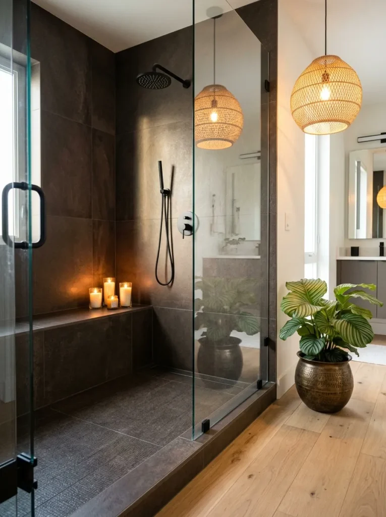Built-in tiled shower bench with candles beneath a woven wood pendant