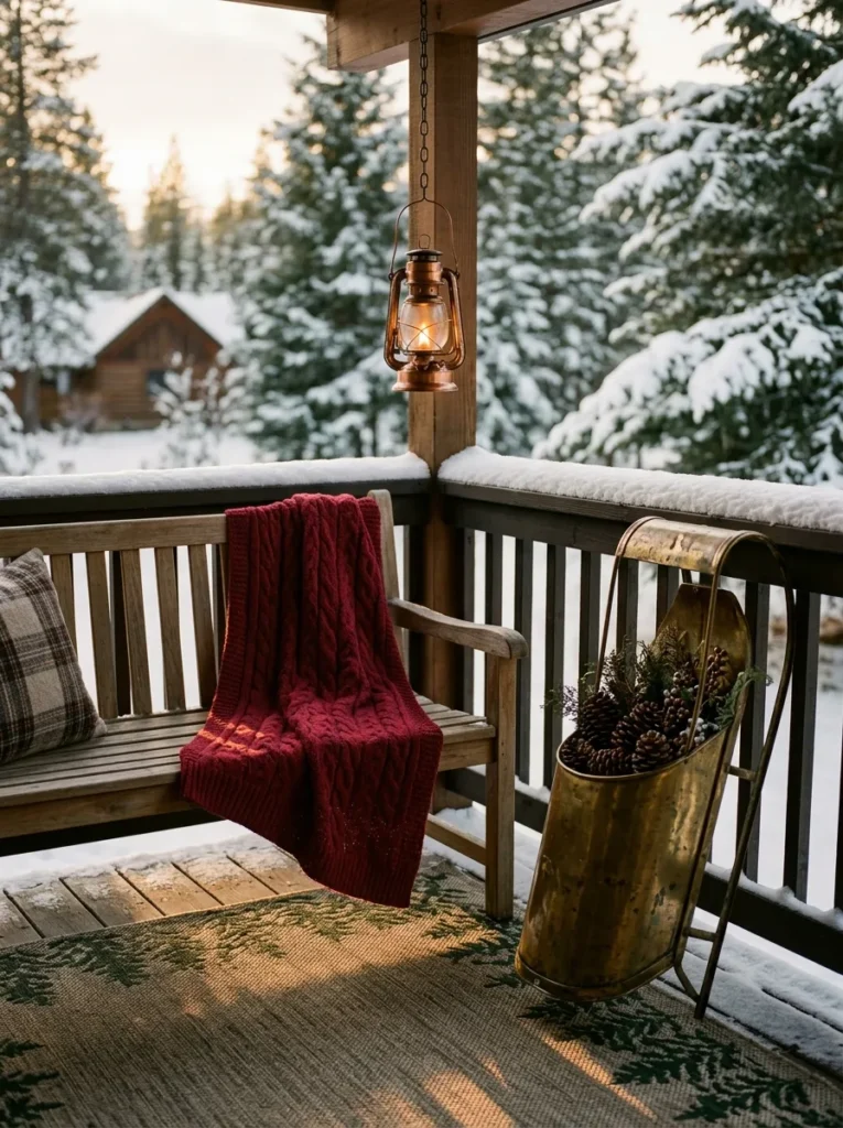  Teak bench with a cranberry throw and a vintage brass sled filled with pinecones and spruce