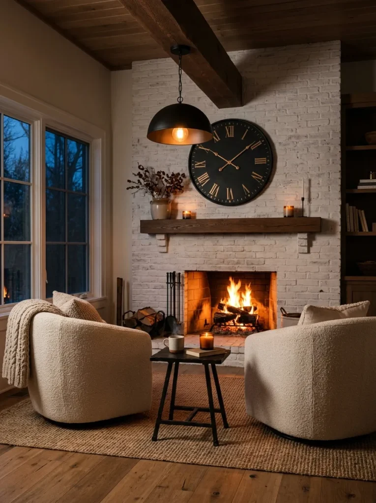 Cozy modern farmhouse living room fireplace with exposed wood beam and boucle swivel chairs