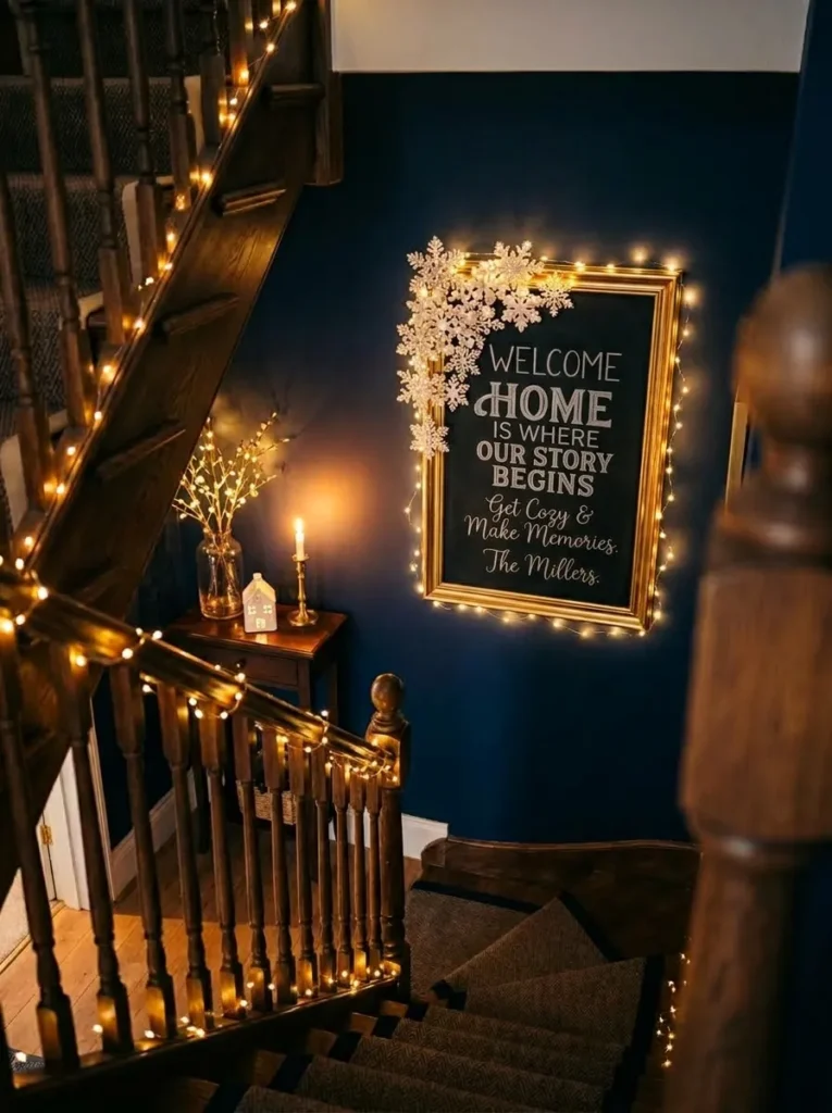 Brass-framed chalkboard with fairy lights glowing over a pearl-white snowflake cluster on a staircase landing