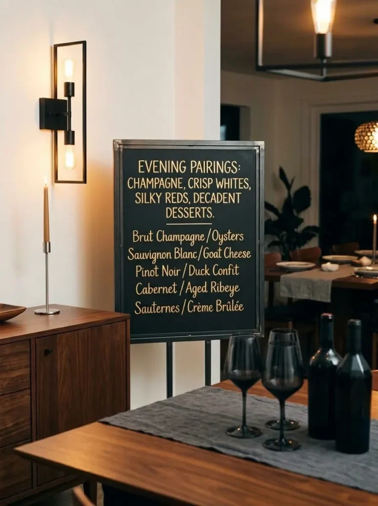  Blackened-steel framed chalkboard with a gold pairing list beside a dining room sideboard