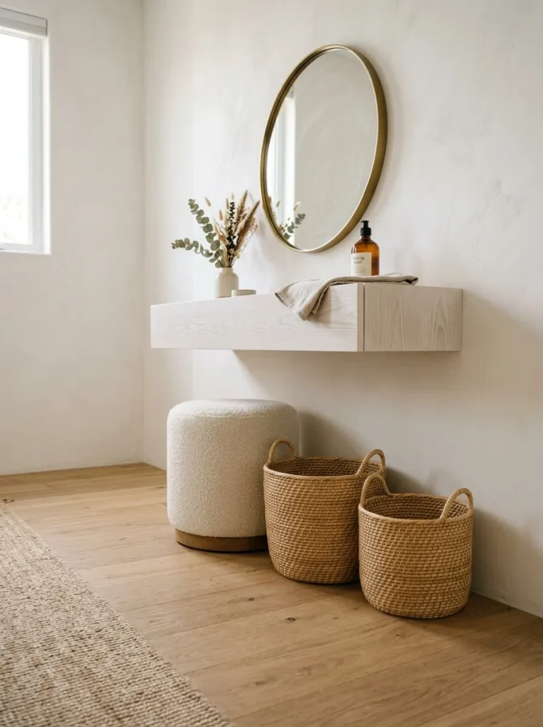 Floating whitewashed ash vanity shelf with a round brass mirror and rattan baskets