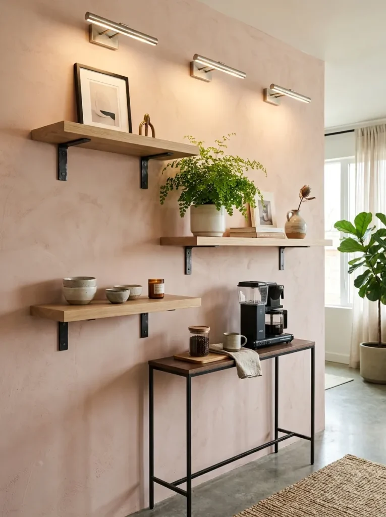  Staggered white oak floating shelves above a console table against a plaster-pink wall
