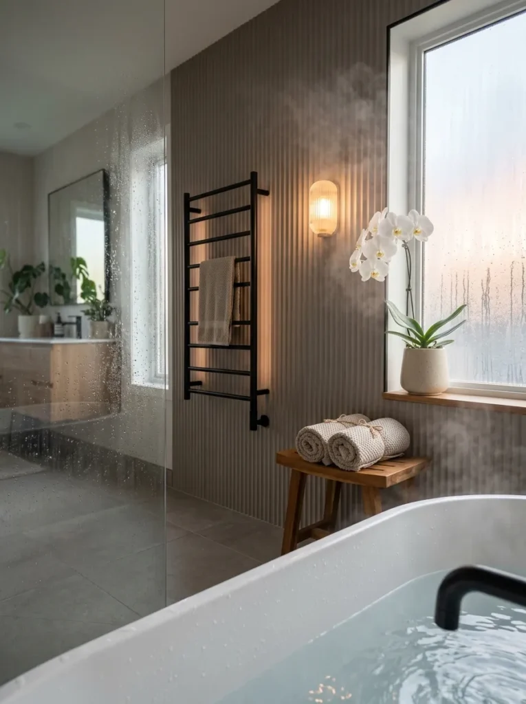 Fluted taupe bathroom wall with a towel warmer and a white orchid