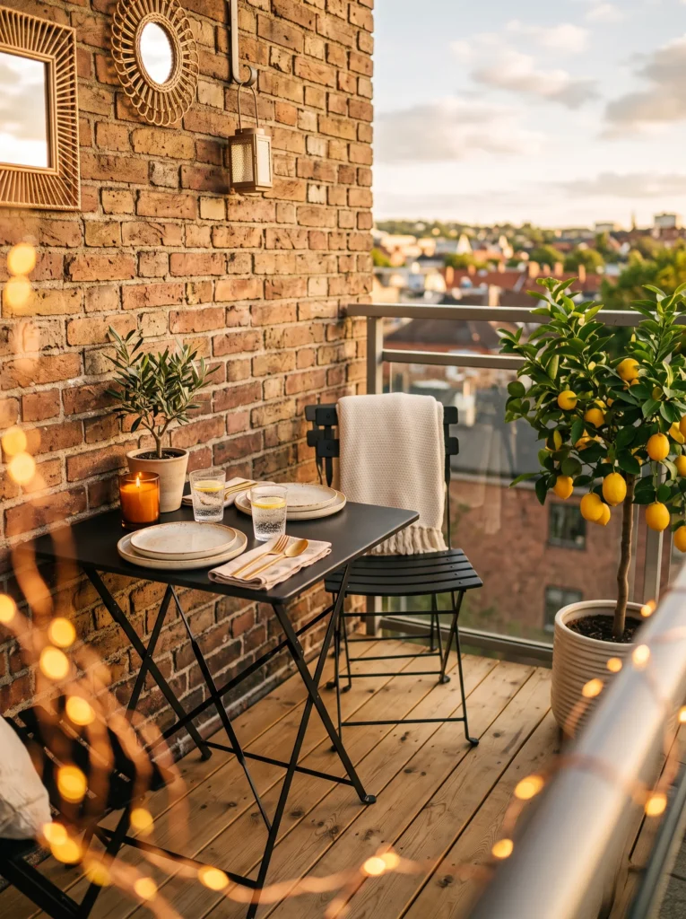 "Fold-down bistro table balcony idea with dwarf lemon tree"