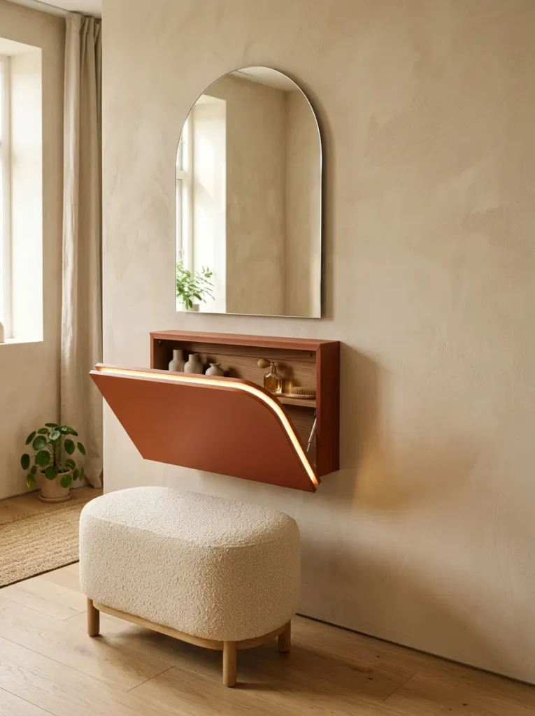  Terracotta fold-down vanity panel open with a glowing LED strip and frameless arch mirror