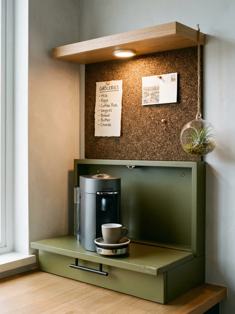 Olive-green fold-down coffee panel open against a wall with a cork pinboard above