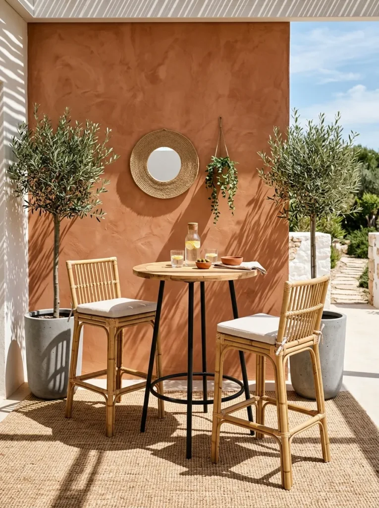 "Bar-height balcony table with olive trees and lime-washed backdrop panel"