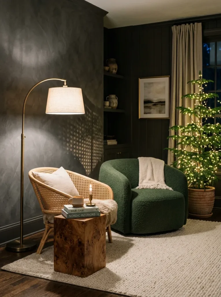 Forest-green bouclé chair beside a woven rattan chair under warm brass lamp light