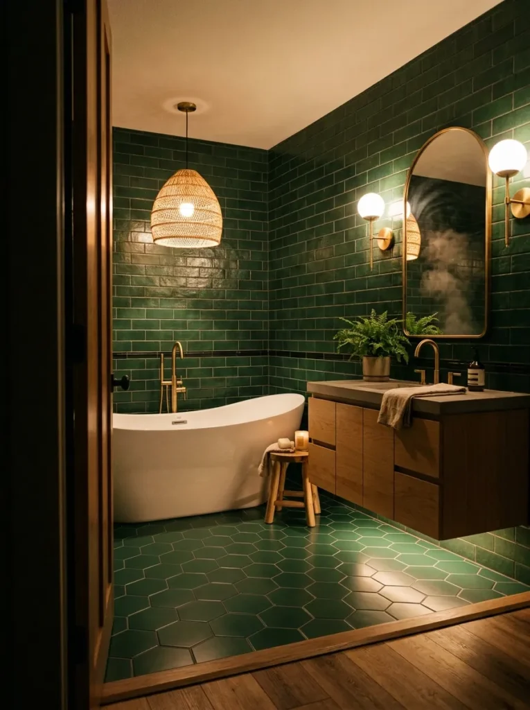 Forest-green tiled bathroom at night with brass sconces and a rattan pendant over the tub