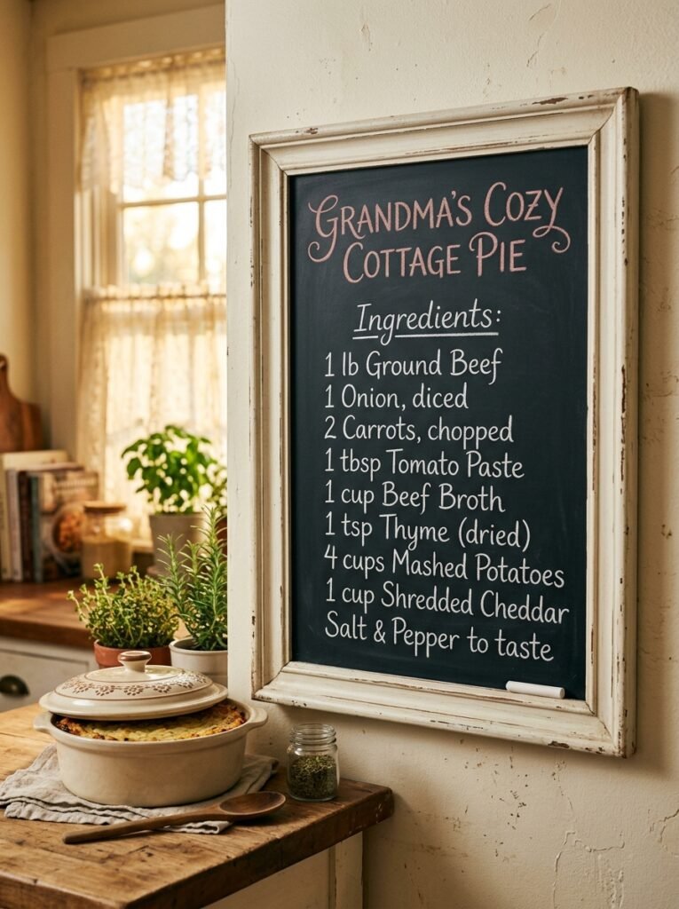 Antique white-framed chalkboard with a handwritten family recipe beside a covered dish