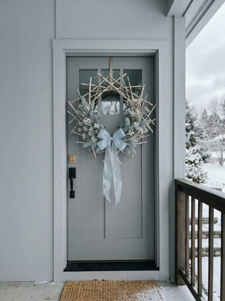  Sparse birch branch winter wreath with icy blue spruce sprigs on a pale gray front door.