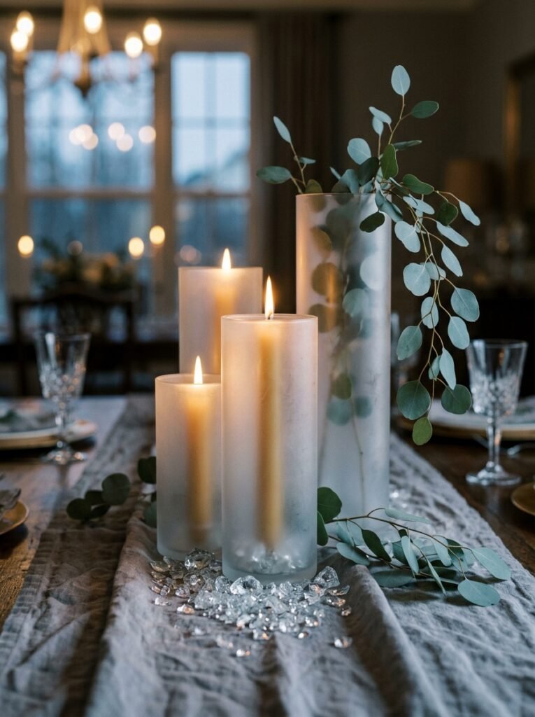 Three frosted glass cylinders with taper candles and crushed glass ice on a gray linen runner