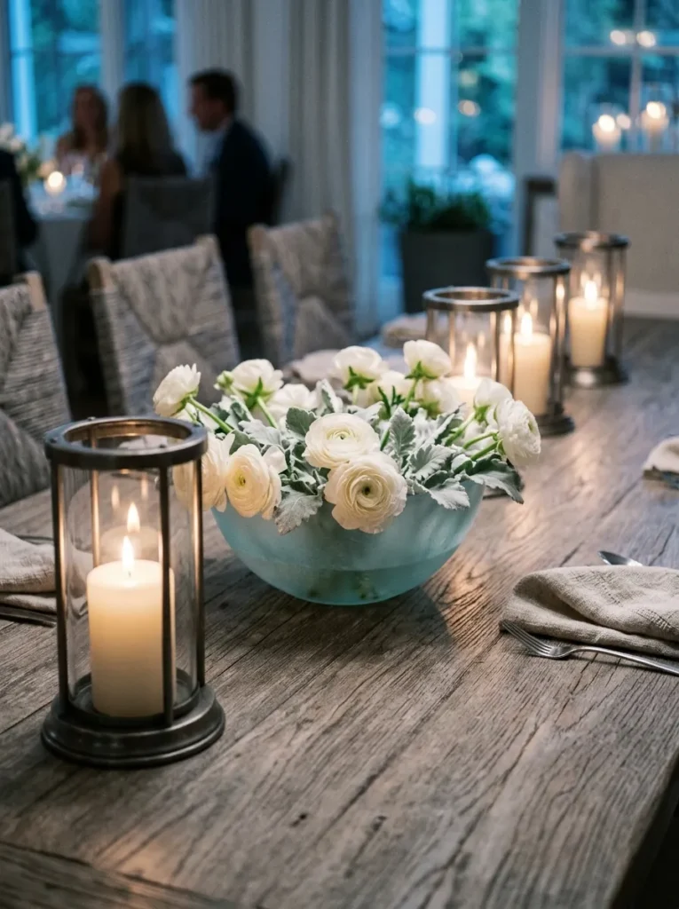 Frosted blue glass bowl of dusty miller and ranunculus beside pewter hurricane lanterns