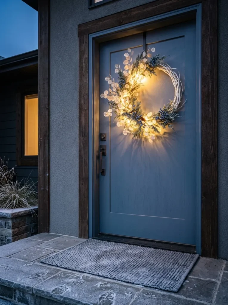 Matte slate-blue door with an off-center lunaria and juniper wreath lit by porch lantern